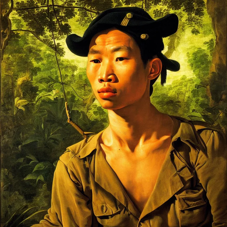 Image similar to portrait of a vietcong soldier, majestic, posing, in jungle, fine art portrait painting, strong light, fashion, clair obscur, by caravaggio, by jean honore fragonard, by peter paul rubbens