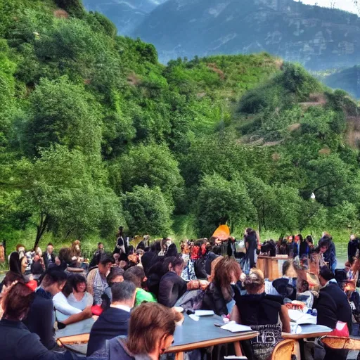 Prompt: nft breakfast in Tbilisi park lots of people very fun and productive