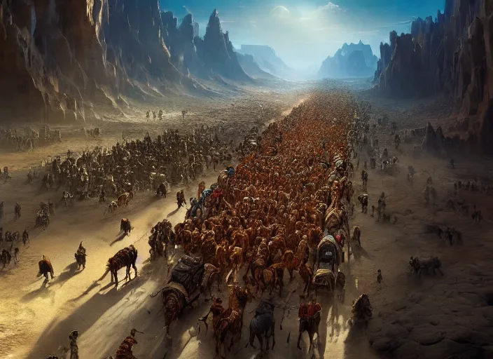 Image similar to overhead view of a the big large expedition with a very crowd of adventurers being brought by gigantic mammals carrying stuff towards the desert of duhnes medium shot, key art by craig mullins, bloom, dramatic lighting, cinematic, high details