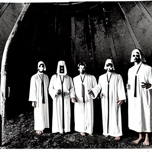 Image similar to worshippers dressed in robes belonging to the cult of the windmill. Dilapidated 1800s windmill. Old windmill. 1800s photo.