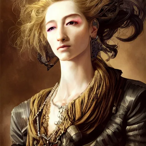 Image similar to portrait, headshot, insanely nice hair style, digital painting, of a old 17th century, old cyborg merchant, amber jewels, baroque, ornate clothing, scifi, realistic, hyperdetailed, chiaroscuro, concept art, art by Franz Hals and Jon Foster and Ayami Kojima and Amano and Karol Bak,