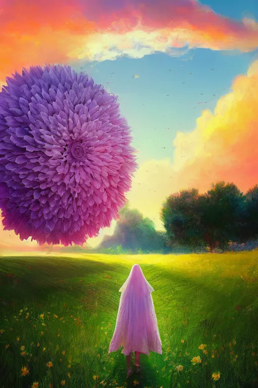 Image similar to giant daisy flower head, girl with veil walking in a flower field, surreal photography, sunrise, dramatic light, impressionist painting, colorful clouds, digital painting, artstation, simon stalenhag
