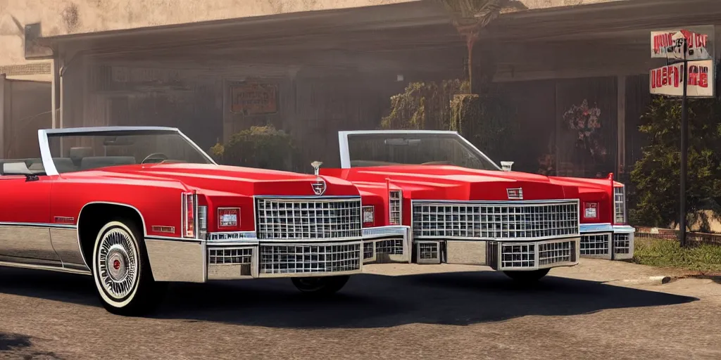 Image similar to front view picture one red 1975 cadillac eldorado convertible car as a grand theft auto 5 loading screen, garage scene, front view, intricate, studio, art by anthony macbain + greg rutkowski + alphonse mucha, concept art, 4k, sharp focus