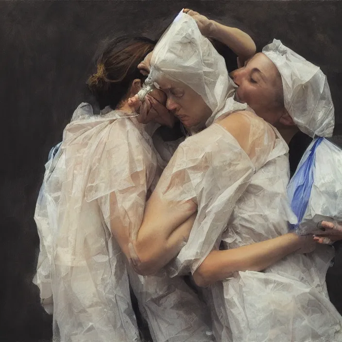 Image similar to two women hugging with a paper bag over the head dressed in plastic bags by jeremy mann and edward hopper