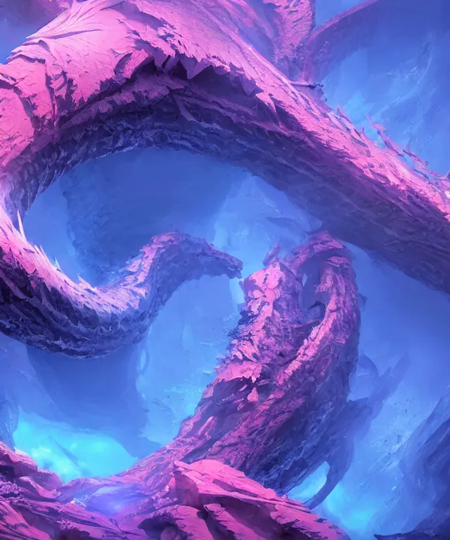 Image similar to charybdis shot from an aerial view, epic scale, fantasy, elegant, crisp 8 k line art, digital painting, artstation, unreal engine, octane render, emissive lighting, concept art, matte, sharp focus, hyper realistic lighting, illustration, deep royal blue and pink color scheme, art by dave kendall