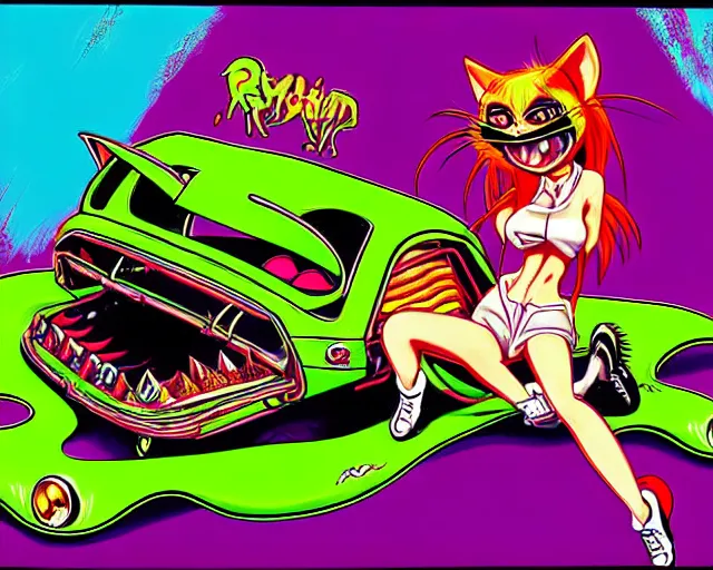 Prompt: high - quality digital art, anime catgirl in rat fink style by ed roth, crazy bulging eyes janky teeth riding in a hot rod, road rage, rat fink hot rods and 8 0 s bishoujo anime, highly detailed retro painting, colorful and vibrant