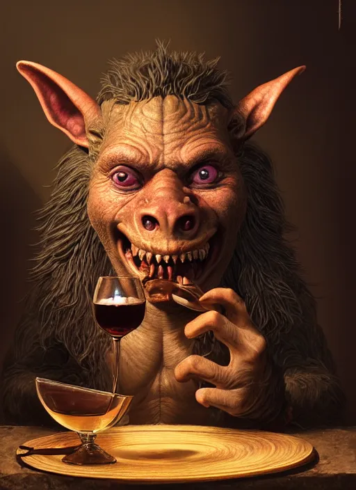 Image similar to highly detailed closeup portrait of a medieval goblin drinking wine, stephen bliss, unreal engine, greg rutkowski, ilya kuvshinov, ross draws, hyung tae and frank frazetta, tom bagshaw, tom whalen, nicoletta ceccoli, mark ryden, earl norem, global illumination, god rays, detailed and intricate environment