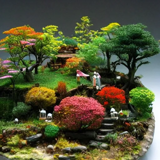 Image similar to a miniature diorama,zen,colorful,beautiful