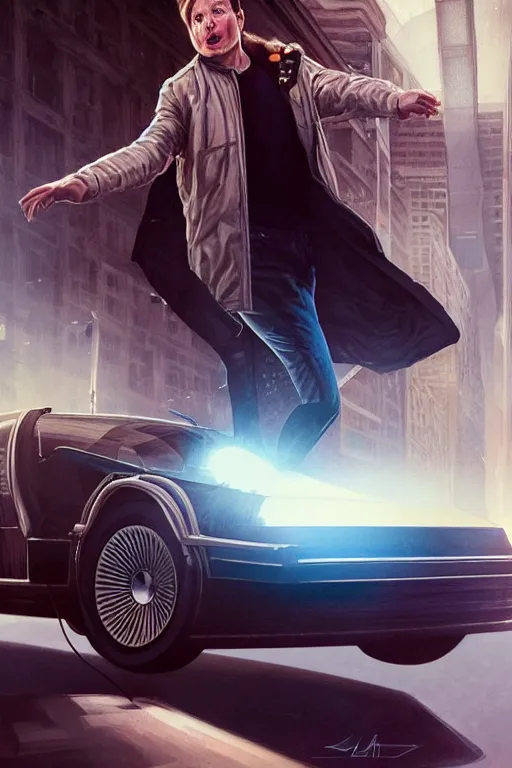 Image similar to elon musk as marty mcfly getting out of delorean, realistic portrait, symmetrical, highly detailed, digital painting, artstation, concept art, smooth, sharp focus, illustration, cinematic lighting, art by artgerm and greg rutkowski and alphonse mucha