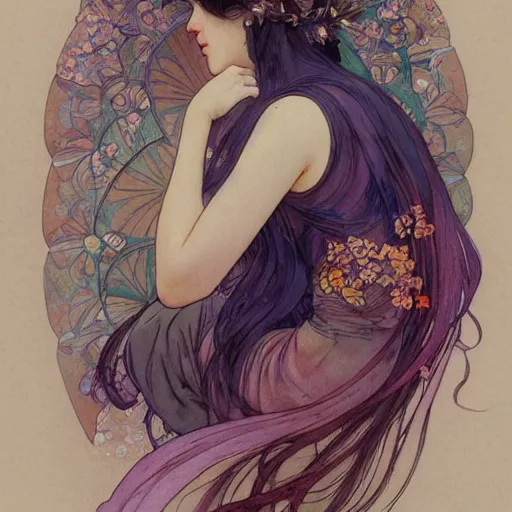 Image similar to a beautiful intricate watercolor illustration of a sleeping cute girl, 4 k, ultra - wide angle, by william turner, by victo ngai, by alphonse mucha, by miho hirano, by ellen jewett, hd, trending on artstation, hyper detailed, muted colors