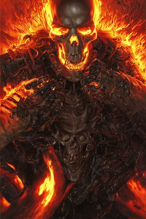 Prompt: Portrait of James Hetfield face transforming in Ghost Rider flaming skull, marvel comics, dark, intricate, highly detailed, smooth, artstation, digital illustration by Ruan Jia and Mandy Jurgens and Artgerm and Wayne Barlowe and Greg Rutkowski and Zdislav Beksinski