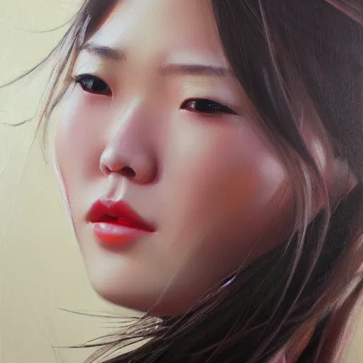 Image similar to perfect, realistic oil painting of close-up japanese girl face, in Marvel style, by an American professional senior artist, Hollywood concept, dynamic composition and motion, postproduction.