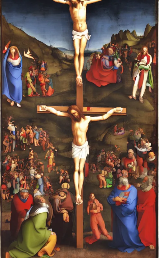 Image similar to mond crucifixion by raphael with mario and luigi