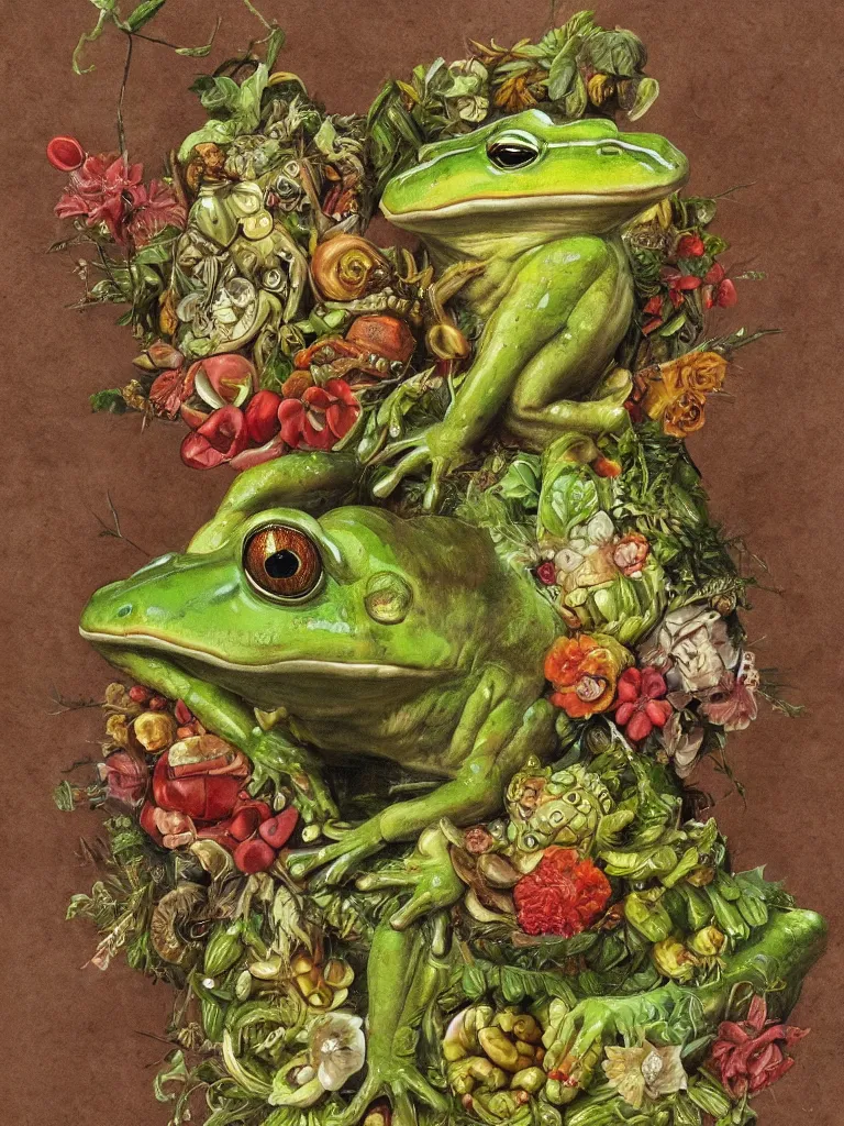 Image similar to Frog in style of Guiseppe Arcimboldo, sharp, masterpiece, artstation