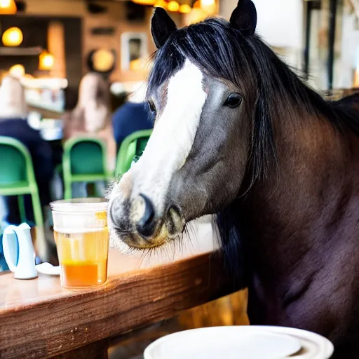 Image similar to a photo of a horse picking its nose, while in a cafe