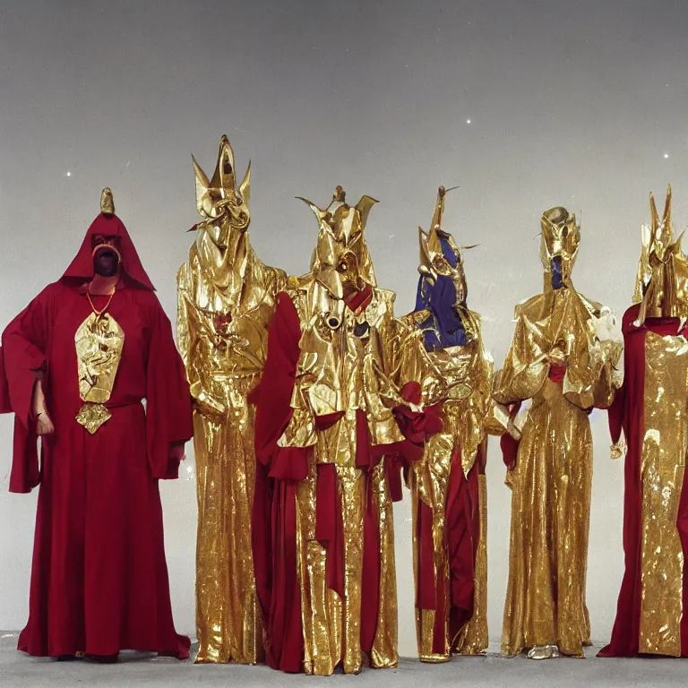 Image similar to members of esoteric cult standing next to inverted pyramids, ektachrome hyper realistic and detailed, wear heavy red ornemental costumes and elongate gold masks and jewels