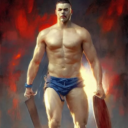 Prompt: young warrior marching toward the viewer, male, muscular, blue eyes!!!!, straight nose!!!, detailed face, exposed thighs!!!, highly detailed, painting by greg rutkowski