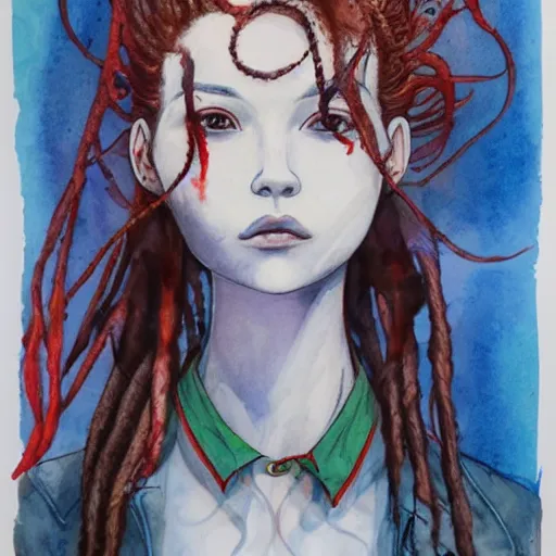 Image similar to james jean water color of a beautiful girl with dreadlock and a leather jacket