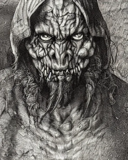 Image similar to orc, hyper realism, fine details, deviantart artstation, extremely detailed, black and white, very sharp, in the style of albrecht durer, etching,