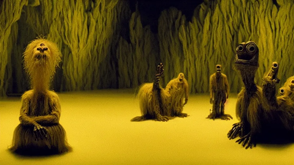 Prompt: the strange creature, made of glowing oil, they suffer from elevatophobia, film still from the movie directed by denis villeneuve and david cronenberg with art direction by salvador dali and dr. seuss