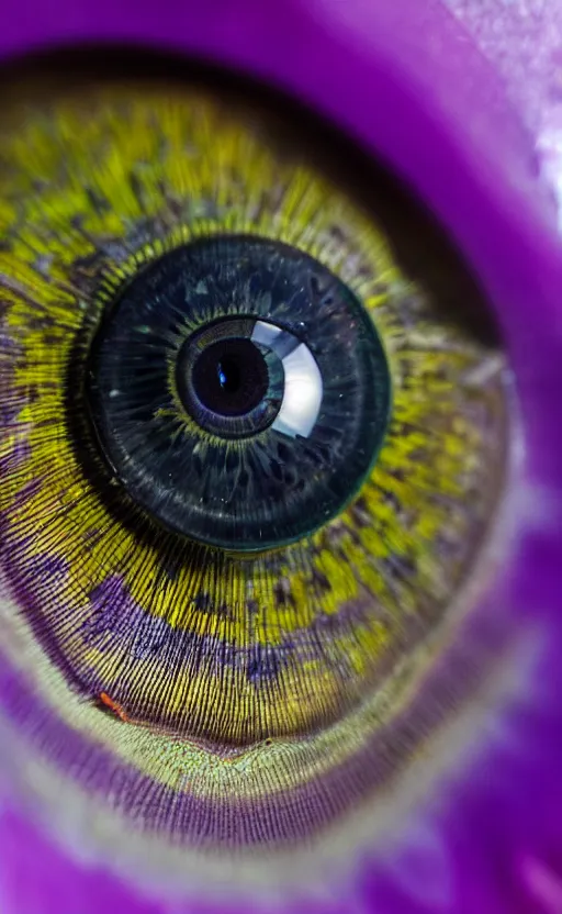 Image similar to macro shot, close-up of a purple squid eye, intricate iris, ultrarealistic, highly detailed