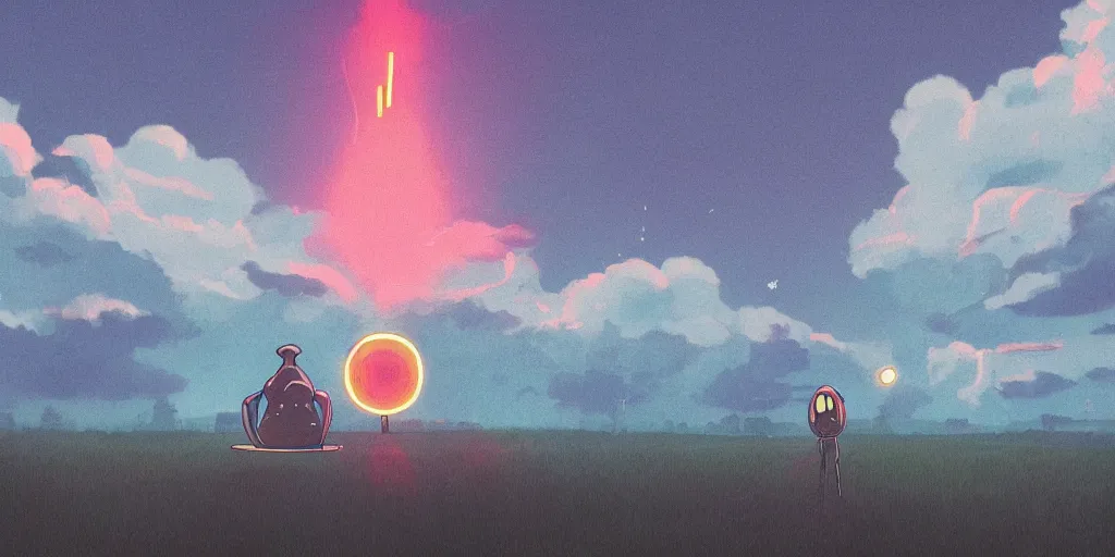 Prompt: Portrait using the Rule of Thirds, focusing on an alien frog invasion, the sun is exploding, Portrait, Very Cloudy Sky, Sun, Neon Lights, Rule of Thirds, perspective, Retrofuturism, Studio Ghibli, Simon Stålenhag