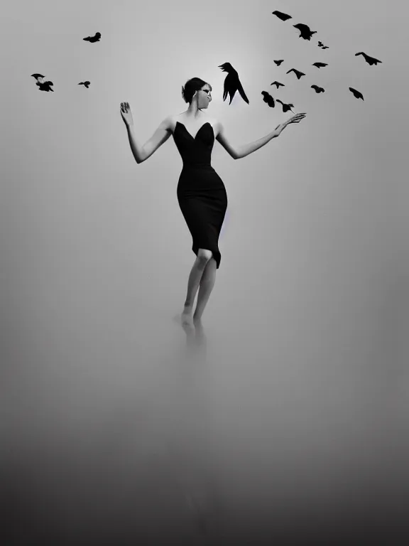 Image similar to portrait of iconic beautiful woman in sophisticated black dress keeping in hands white birds that flying apart turning to smoke and fire and dust. chaotic maximalistic surreal composition, 35mm double-exposure photo, thick fog, daylight, deep shadows, depth of field, cinematic lightning, wide angel, eerie atmosphere, motion blur, HD, smooth and very detailed quality, masterpiece, volumetric lightning, chromatic aberration, Richard Avedon, style of Ade Santora, Tatiana Gorilovsky, cinematic composition, occult, german expressionism, masterpiece, intricate detailed, deep rich palette, wide angel shot