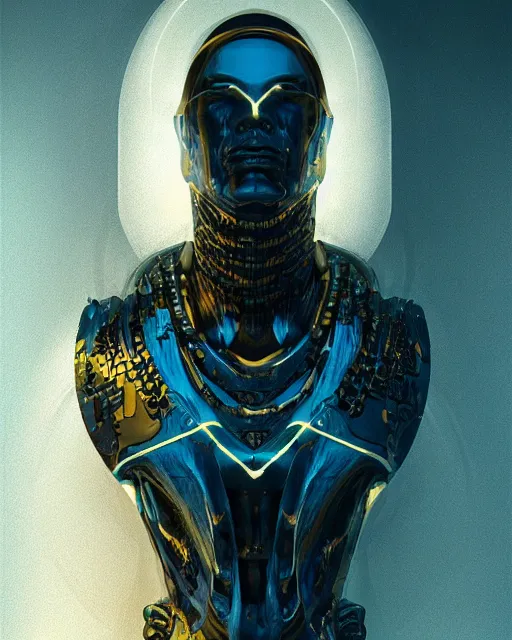 Image similar to detailed portrait of a cyborg, necromancer, benevolent, scifi, futuristic, elegant cape, intelligent man, alien room background, white, blue, gold, trending on artstation, soft light, holy machine, advanced technology, art by vitaly bulgarov and nivanh chanthara