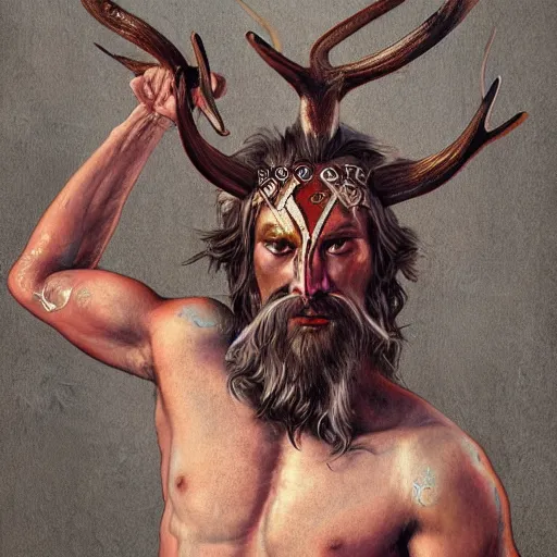 Prompt: Dramatic portraiture of Uuen, the Pictish god of stags, mixed media, trending on ArtStation, by Jim Valentino and ArtGerm and Lucian Freud, Barbizon