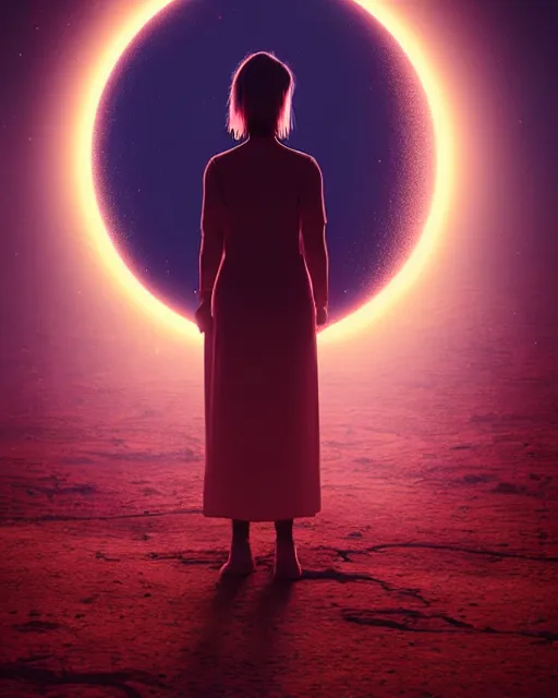 Image similar to a person standing in front of a glowy open door that's on a barren moon, poster art by mike winkelmann, trending on cg society, space art, sci - fi, ue 5, futuristic, volumetric lighting