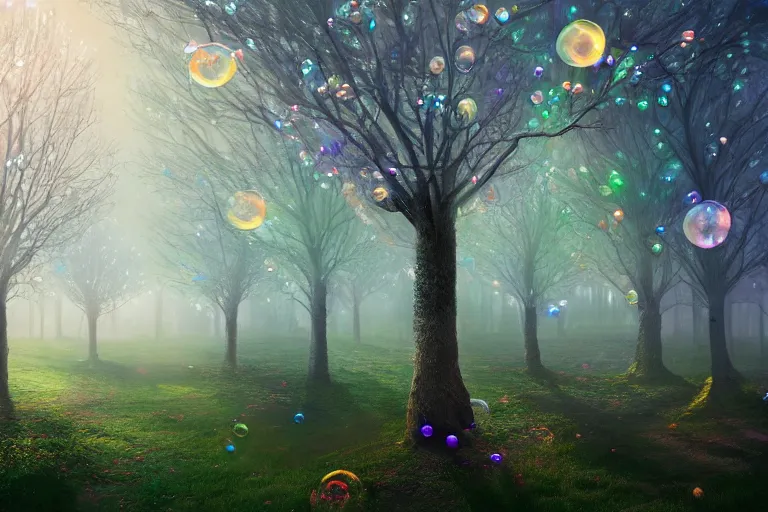 Prompt: a magical bubble tree forest, with iridescent swirls, spiral tree branches and early morning fog, trending on artstation, 4k
