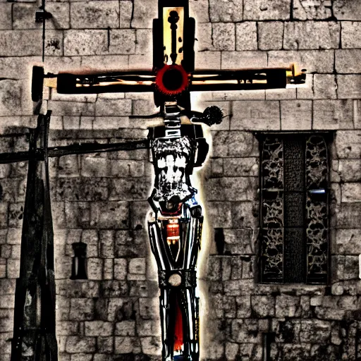 Prompt: lomo photo of a tormented steampunk robot crucified at dusk in ancient jerusalem