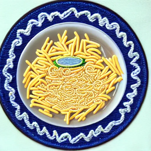 Image similar to a bowl of kraft dinner in space, embroidery, highly detailed