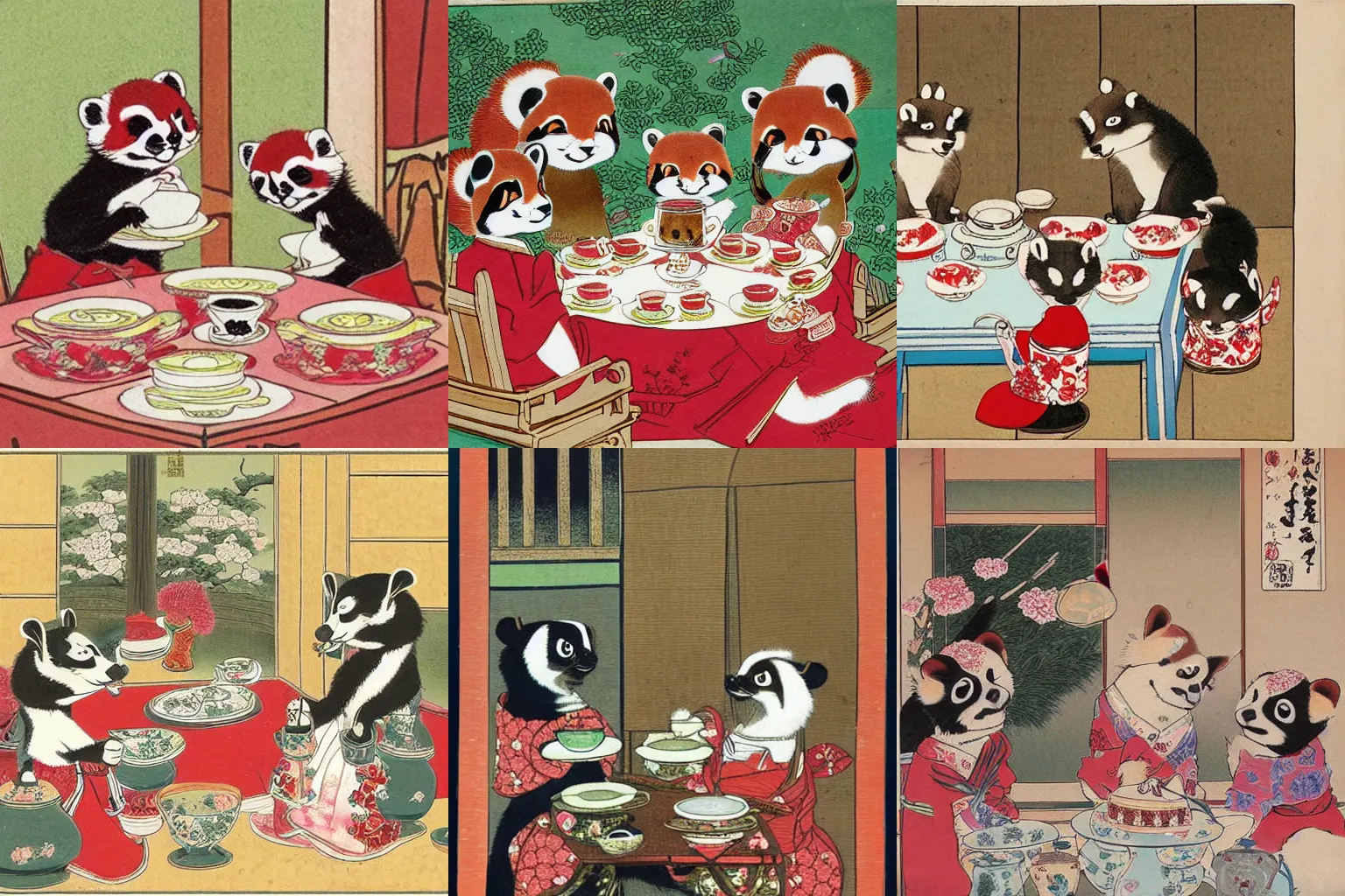 Prompt: red pandas wearing dresses having a tea party in an ornate tea room, traditional Japanese art