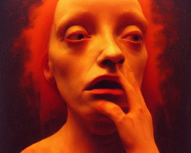 Image similar to by francis bacon, beksinski, mystical redscale photography evocative, full eyebrows lips, expressionism. kat dennings uma thurman christina hendricks tilda swinton