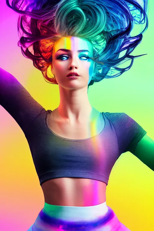 Image similar to a award winning half body portrait of a beautiful woman with stunning eyes in a croptop and leggings with reinbow colored ombre hairstyle head in motion and hair flying while dancing by thomas danthony, surrounded by whirling illuminated lines, outrun, vaporware, shaded flat illustration, digital art, trending on artstation, highly detailed, fine detail, intricate