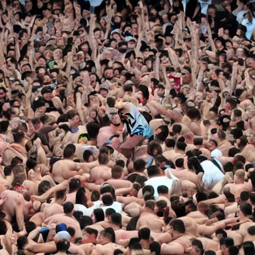 Prompt: an extremely confronting and dramatic photo from the annual extreme fat men with humongous heads, dancing and screaming competition.