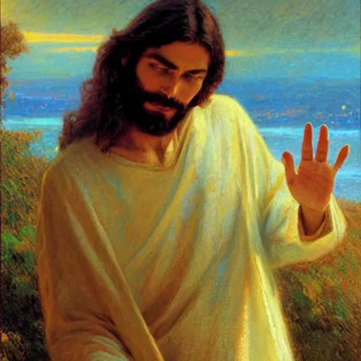 Image similar to Jesus doing the crip hand sign, painting by Gaston Bussiere, Craig Mullins