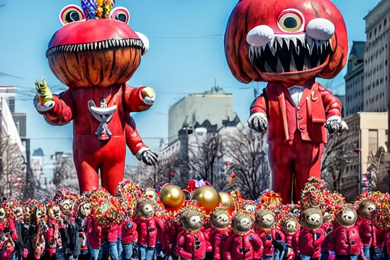 Image similar to photo of giant cute elaborate parade float character designed by ( ( ( ( ( ( ( ( giger ) ) ) ) ) ) ) ) and wes anderson!!!!!!!!!!!!!!, in the macys parade, detailed 4 k photo,