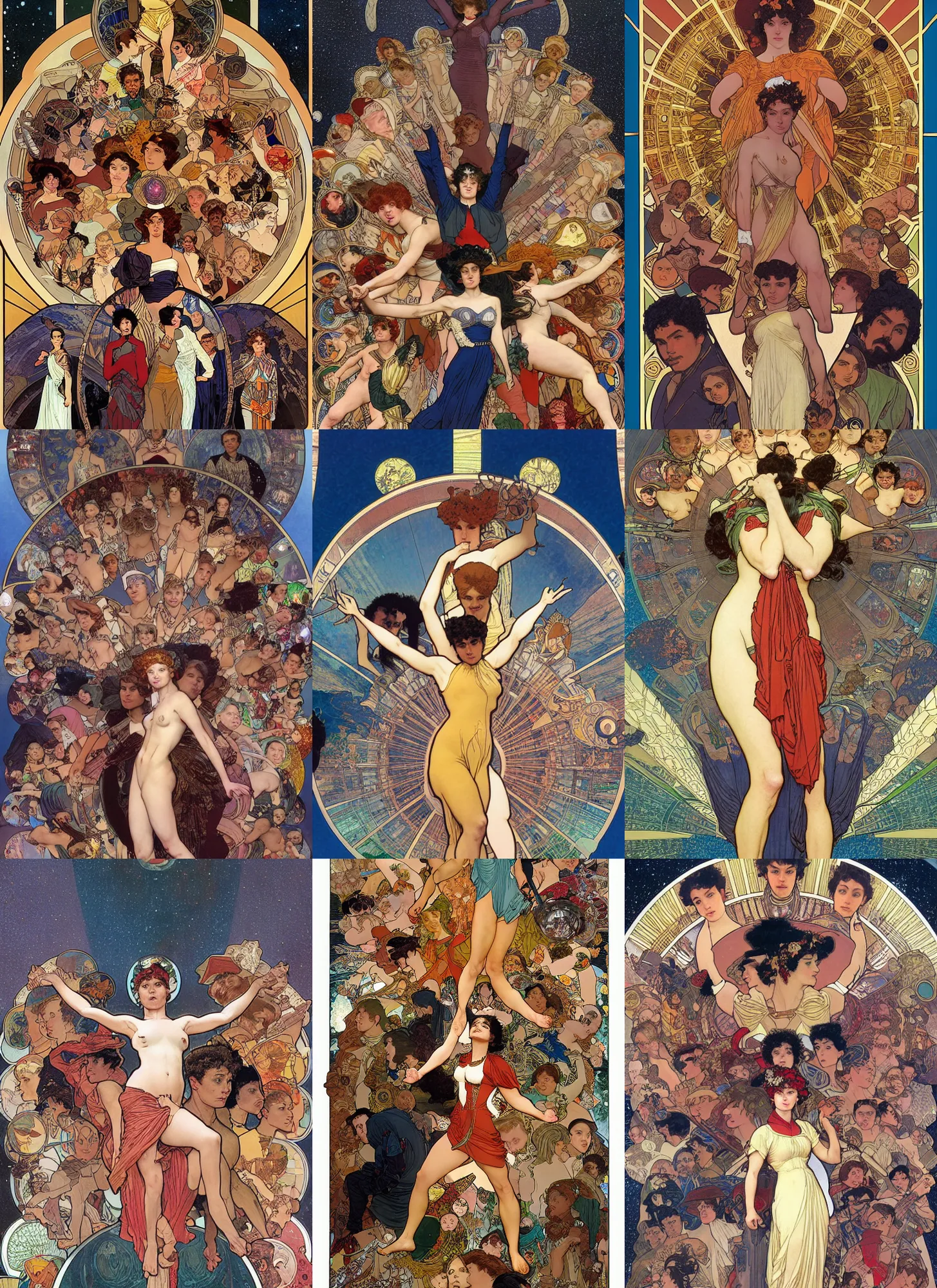 Prompt: a group of people above the earth, full length shot, shining, 8 k highly detailed, sharp focus, photo, shot patrick gleason art by mucha, bouguereau