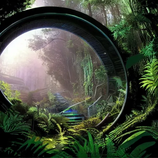 Image similar to stairs leading to a derelict portal in a middle of a lush futuristic forest, alien world seen through a portal, daylight, cinematic lighting, blue sky, syd mead, john harris