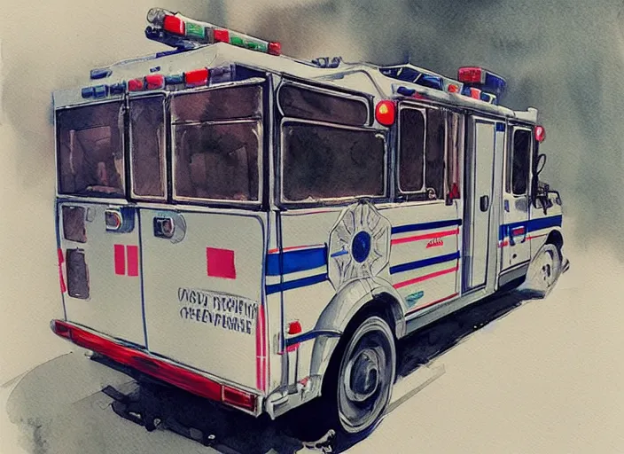 Prompt: concept art of a ambulance, pinterest, artstation trending, behance, watercolor, by coby whitmore, silver, laser light,