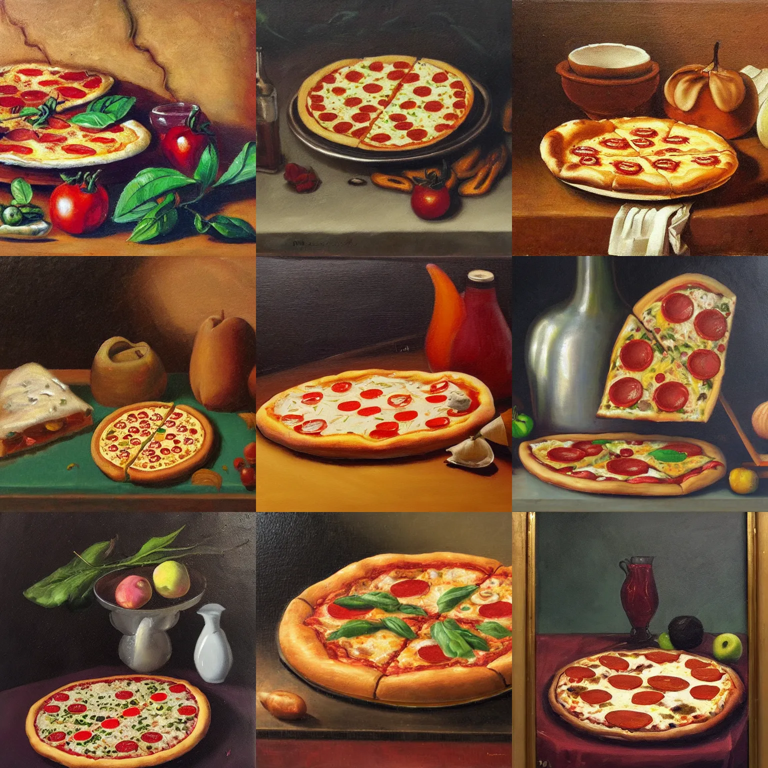 Prompt: Dutch still life of a Pizza Magaritha, oil painting