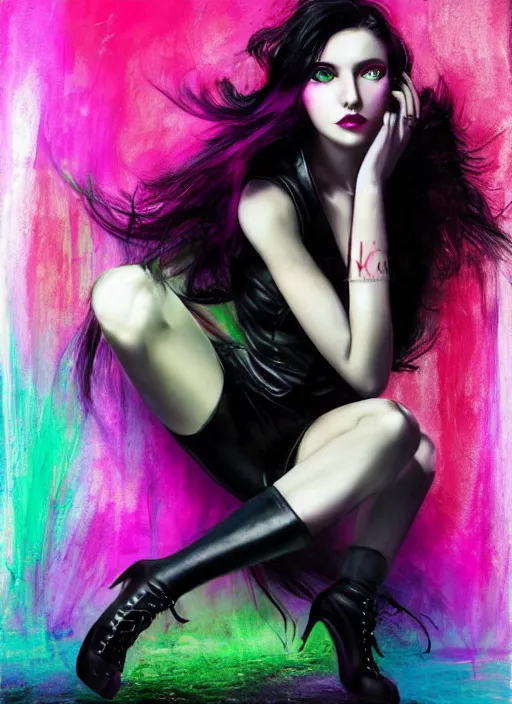 Image similar to a photo of 8 k ultra realistic a black haired female in high heels and a black leather jacket, pink, purple, green, yelow, red, blue neon, art by lise deharme