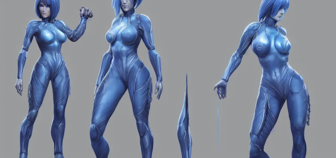 Image similar to character sheet concept art of cortana, realistic, hyper realistic, photographic, costume, by marc brunet and artgerm