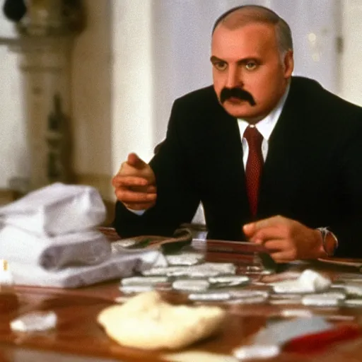 Prompt: Alexander Lukashenko in Scarface, bags of cocaine on the table, belarusian flag in the background, cinematic still