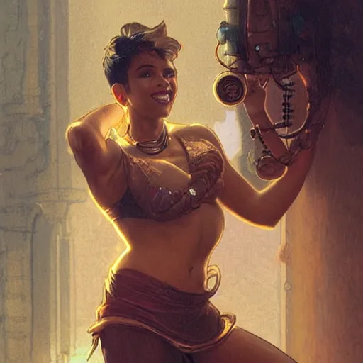 Image similar to a short young genie, with spikey short brown hair, brown skin, abs, a confident smile, emerging from her lamp and flexing her bicep, photorealistic, 25mm f/1.7 ASPH Lens, ultra realistic steampunk illustration, art by greg rutkowski and alphonse mucha