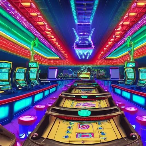 Image similar to Blue toned rainbow colored tropical alien evil shark crocodile gamblers happy colorful full body, centered in frame wide angle clear shot of casino gambling at tables in a steampunk futuristic casino glowing rusty curved walls colorful, feel of ghost in the shell movie, tim burton art influence with heavy hr giger art style, artstation octane render, HD, 8K, Renderman