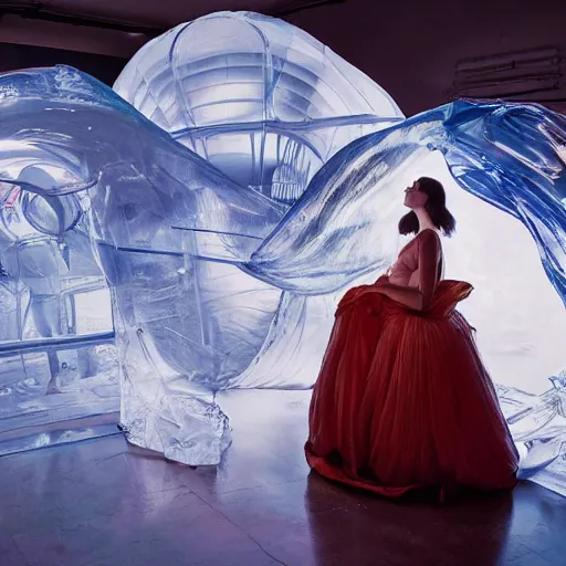 Image similar to photo by mort kunstler and annie leibovitz and monia merlo, a woman wearing a giant inflated clear plastic dress containing an aquarium, backlit, 4 d, 4 k, volumetric lighting, photorealistic, light ray, hyperdetailed