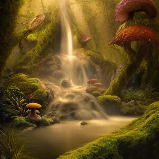 Image similar to tom bagshaw, mythical water, soft painting render curiosities carnival pond river vegetation rocks bugs wildlife mushrooms covered moss bioluminescent wisps, beautiful stunning waterfall, accurate features, focus, very intricate ultrafine details, random volumetric lighting, fog, award winning masterpiece, octane render 8 k hd, artstation